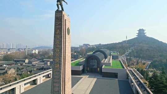 人文历史枣庄铁道游击队纪念园纪念碑航拍