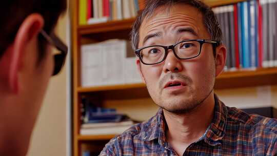 中年亚洲商务人士正在办公室认真倾听