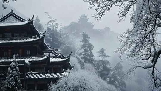 冬天雪景的山区和中式建筑