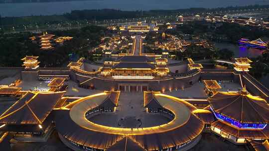 航拍湖北襄阳中国唐城影视基地夜景