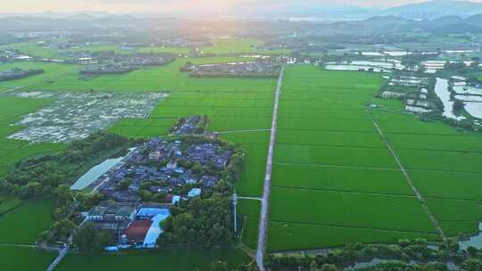 中国侨乡广东台山乡村稻田山脉山峰日出航拍