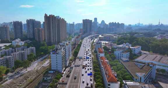 广州车流人流航拍高架桥交通内环路车流