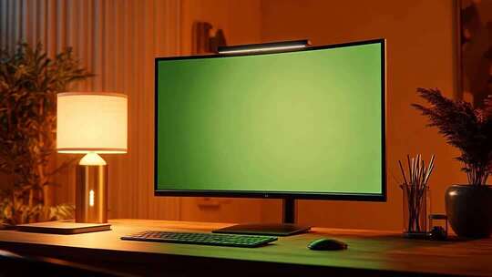 带绿屏显示器的办公桌面