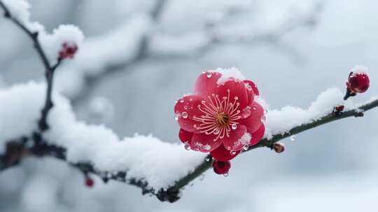 覆雪绽放的红色梅花特写