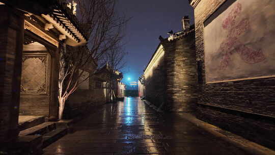 山西大同东南邑夜景下雨夜色雪景飘雪