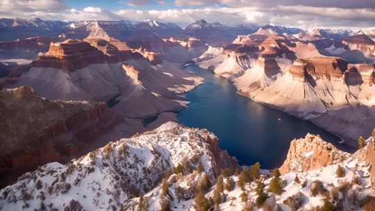 航拍雪山峡谷湖泊风光