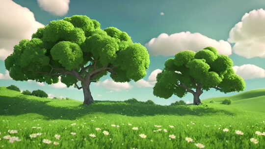 蓝天白云和草原上绿树视频素材模板下载