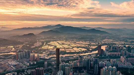 深圳福田口岸深圳河香港交界航拍全景