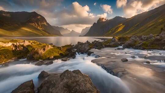 山水间溪流与壮丽山景