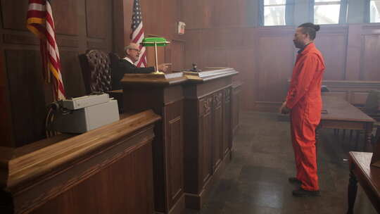 法官在法庭内责骂穿着橙色连身衣的非裔美国