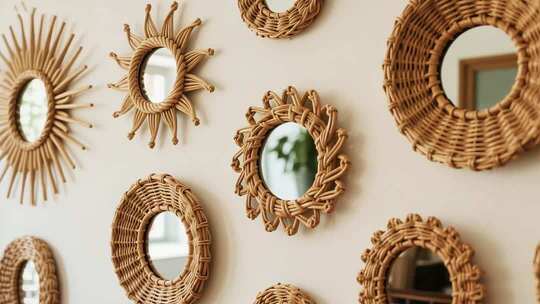 墙面藤编装饰镜特写