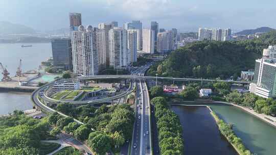 福建厦门城市高架桥交通转盘航拍