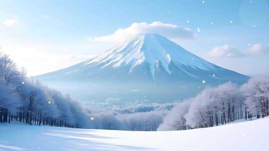 日本冬季富士山雪景4k舞台粒子活动背景