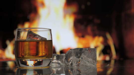 一杯加冰的威士忌放在桌子上，背景是火焰壁