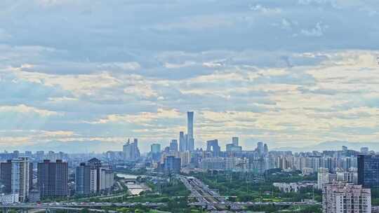 中国北京夏季国贸CBD城市天际线大气流云