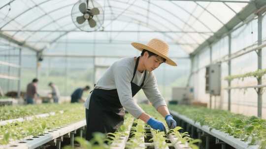 温室大棚内农民照料蔬菜