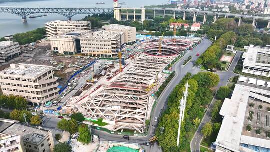 航拍南京商业建筑打地基视频素材模板下载