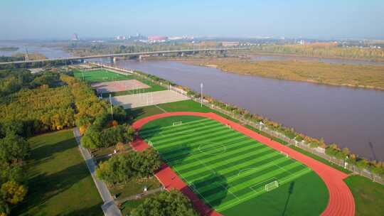航拍宁夏吴忠国家黄河湿地公园滨河体育馆