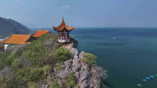 云南玉溪市抚仙湖禄充风景区笔架山航拍风光