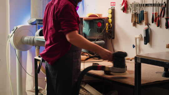 木工车间团队使用角磨机制作木制装饰品