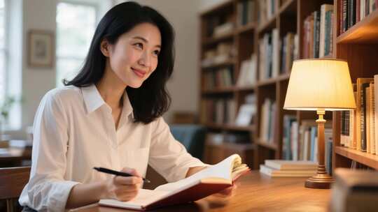 女子在图书馆看书做笔记