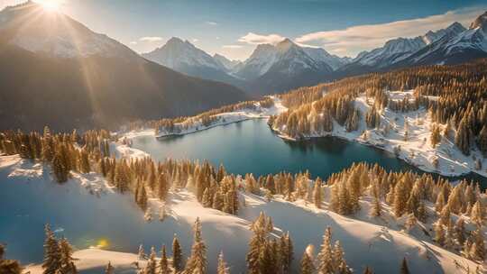 冬季雪山森林湖泊全景