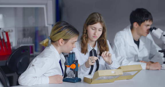 生物课上的学生青少年女孩和男孩观看昆虫学