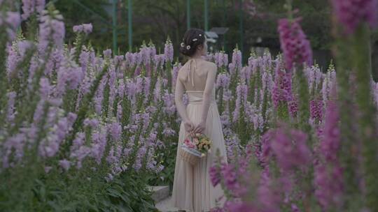 唯美美女花丛中回头看回眸一笑鲜花盛开花海