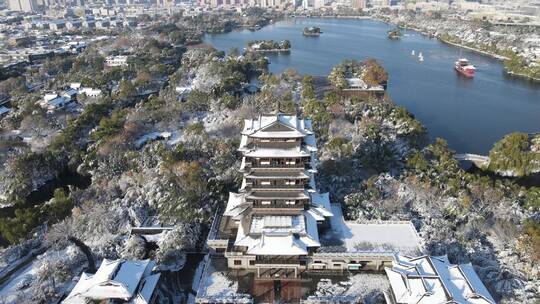 山东济南大明湖冬天雪景航拍