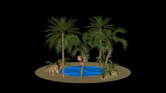 自然场景-水洞附近有棕榈树和狮子的绿洲，