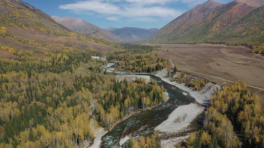 秋天的新疆阿勒泰禾木河流田园乡村风光