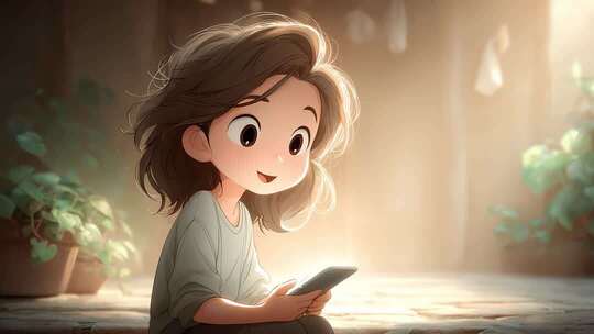 阳光下女孩专注使用手机的温馨时刻