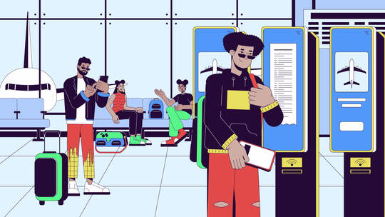 机场旅客在自助检查亭线卡通动画