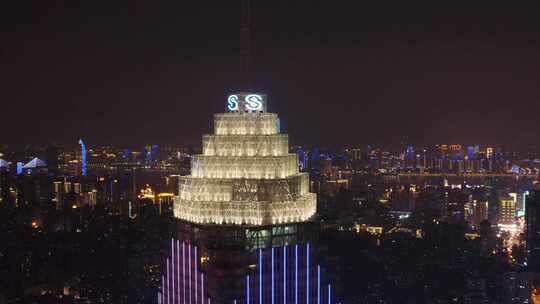 航拍武汉城市建筑夜景