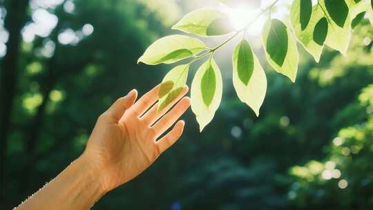 阳光触摸阳光树叶清晨阳光唯美清新蓝天鲜花