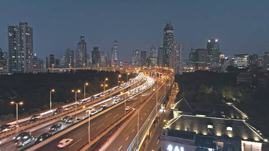 上海延安立交高架路夜景航拍