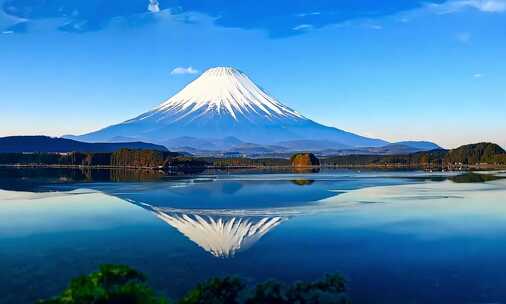 雪山倒映在平静湖面上的美景