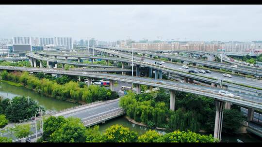 杭州城市高架航拍城市快速路交通道路车流