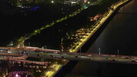 杭州钱塘江西兴大桥夜晚夜景航拍车流交通城