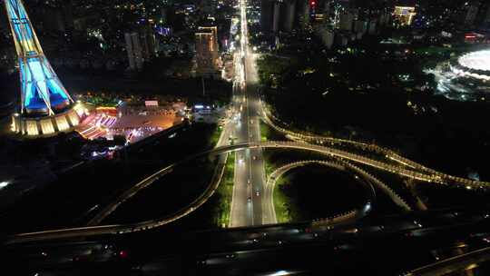 河南郑州城市夜景灯光航拍