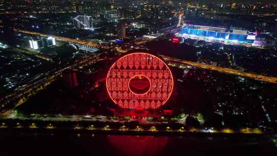 高角度航拍广州圆大厦建筑夜景