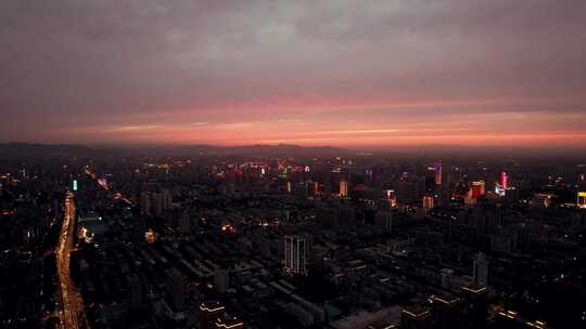 河北石家庄夕阳晚霞夜幕降临航拍