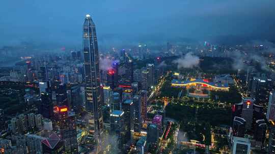 深圳福田CBD大湾区平安大厦夜景蓝调航拍