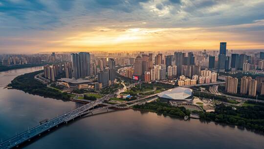 中国辽宁沈阳城市风光航拍延时摄影浑河日落