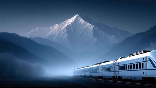 雪山背景下列车飞驰而过展现交通运输发展