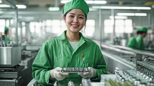 工厂女工手持工业零件