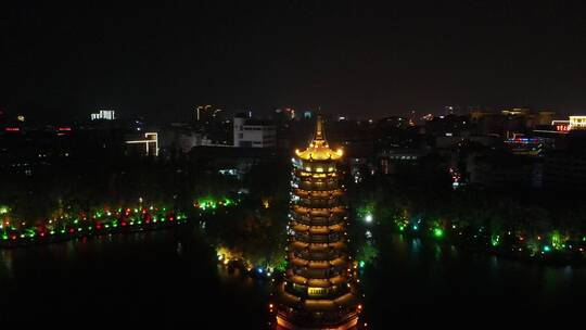 航拍广西桂林地标日月双塔夜景视频素材模板下载