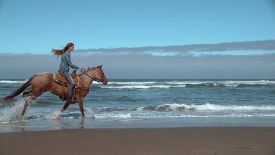 女士在海滩骑马
