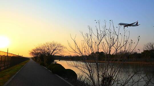 4k实拍夕阳下的飞机起飞降落