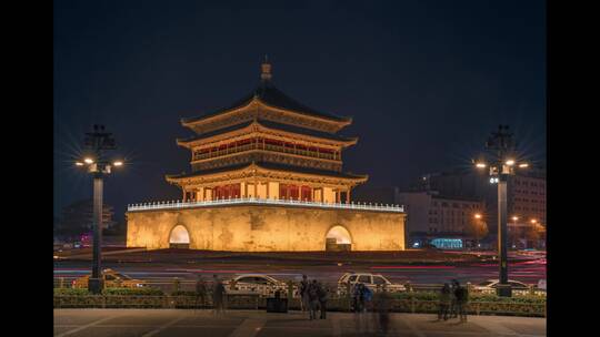 延时4K｜西安旅游地标建筑钟楼鼓楼夜景视频素材模板下载